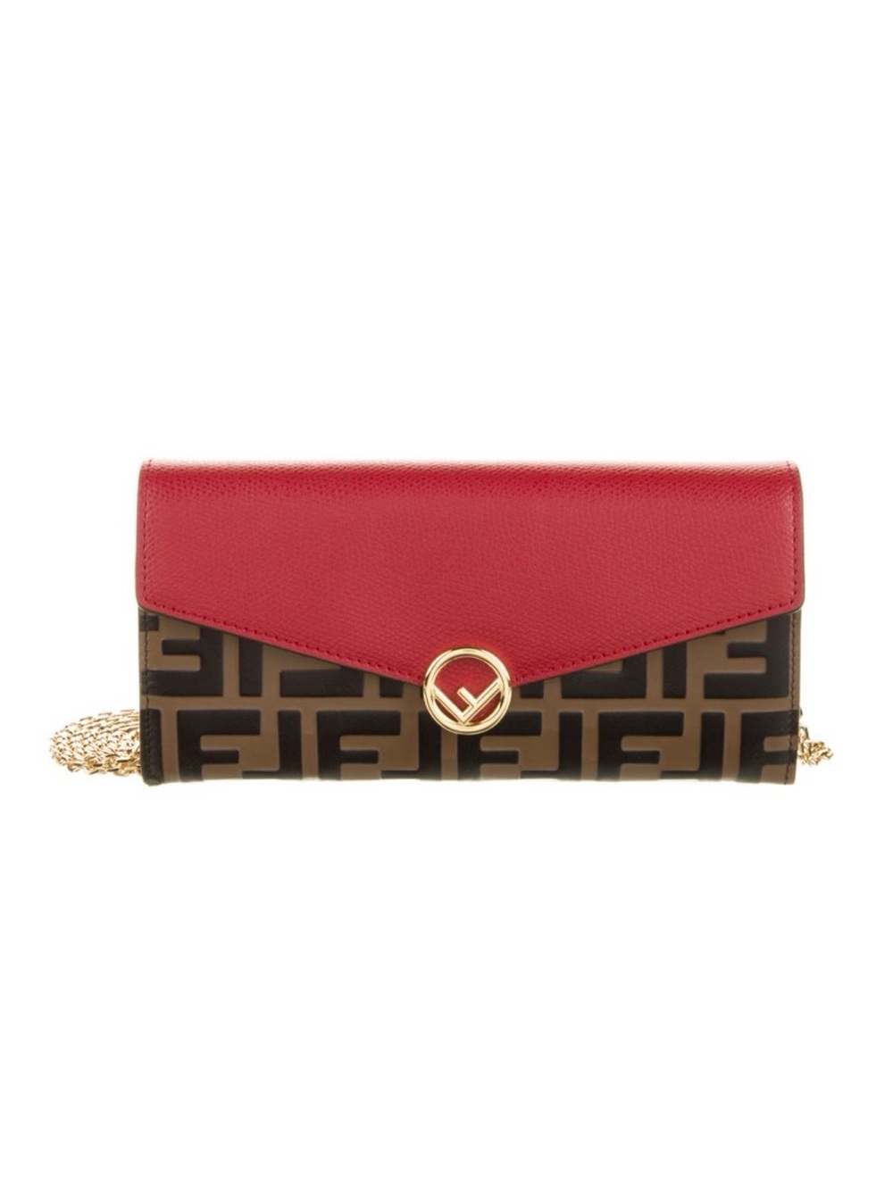 Fendi Red Leather Flap Crossbody Wallet with Gold Chain